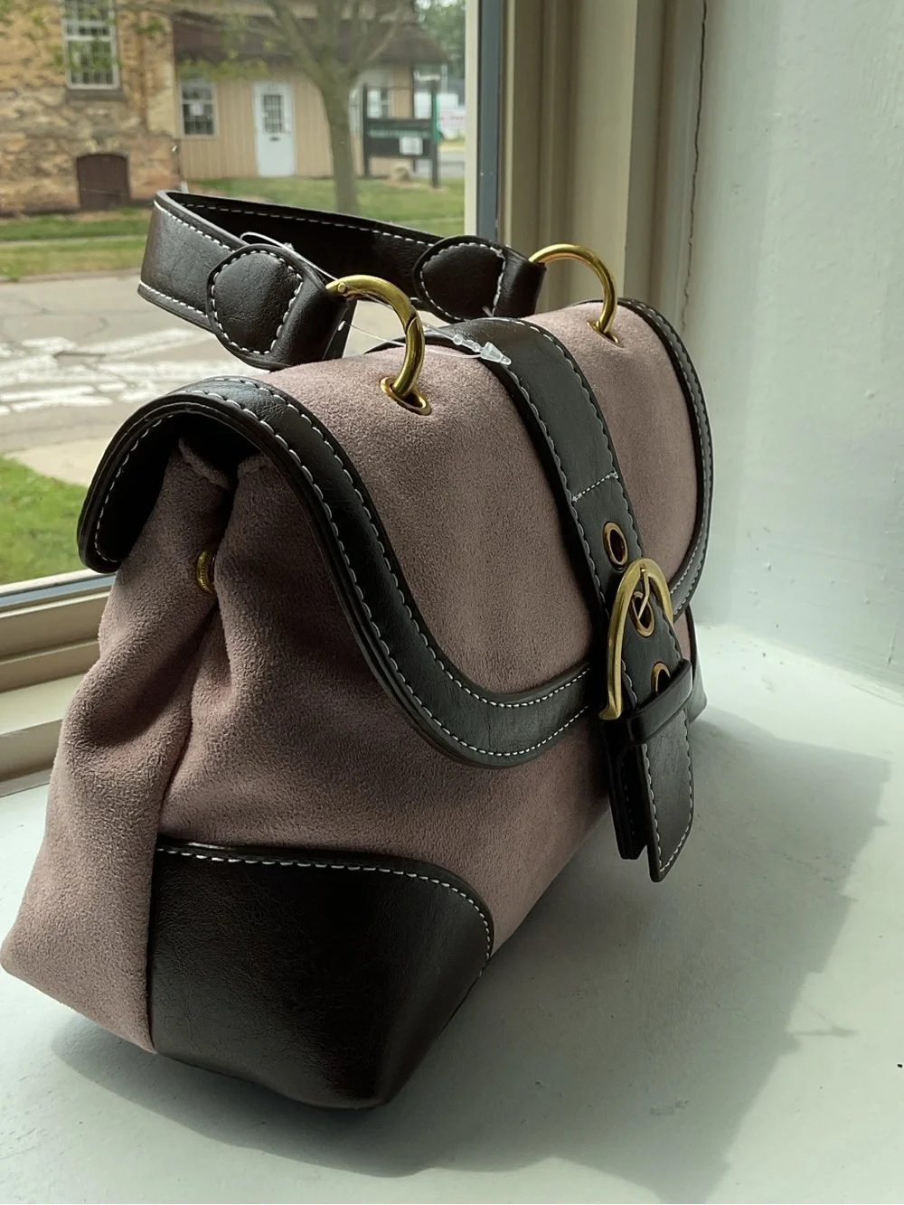 Classic Two-Tone Mauve and Dark Brown Top-Handle Bag